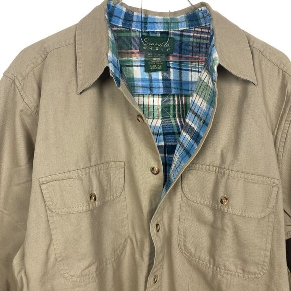 Scandia Woods Flannel Lined Khaki Shirt Medium Button Front Blue Plaid Lining - Picture 2 of 6